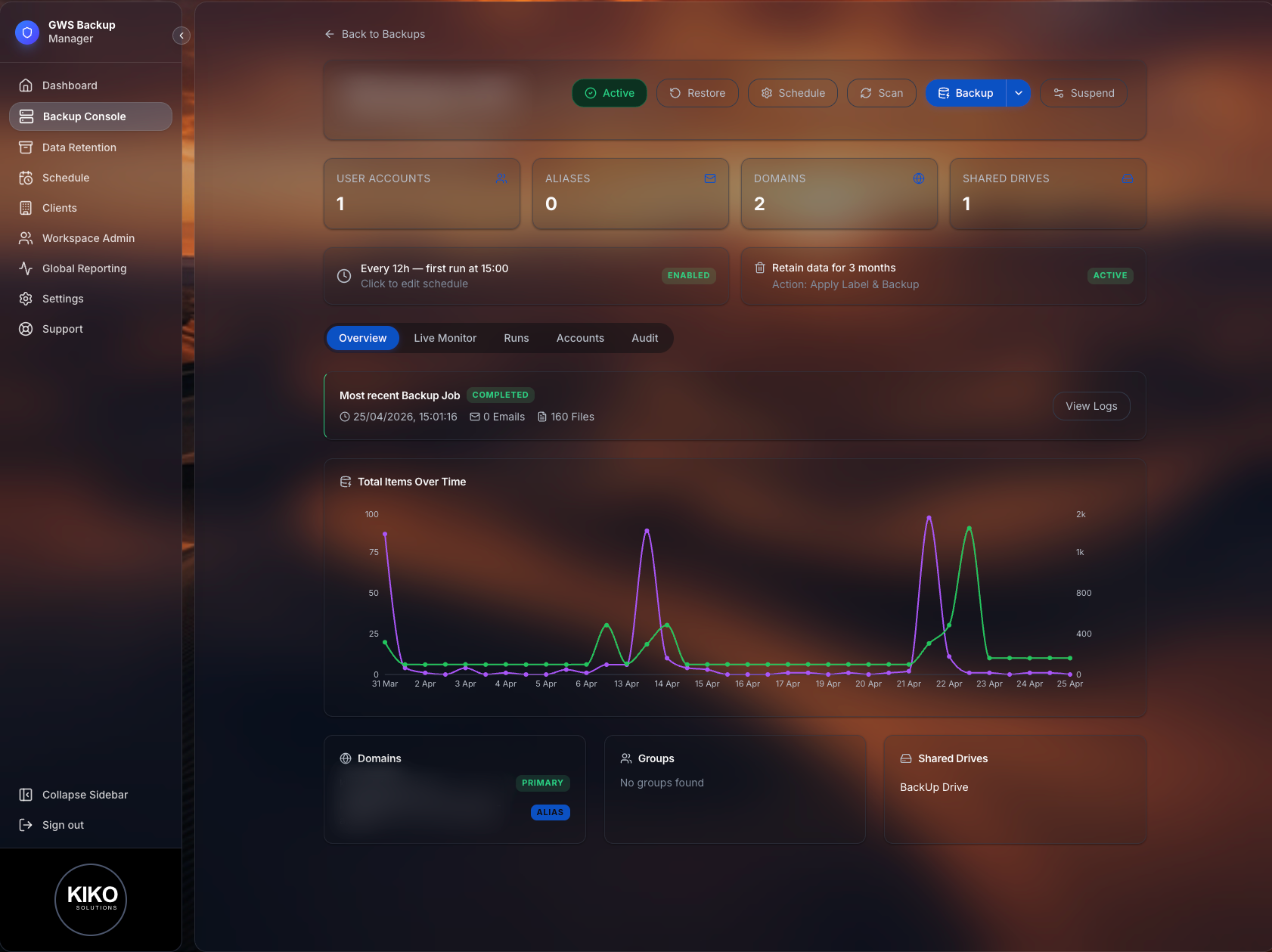 Client Backup Page screenshot